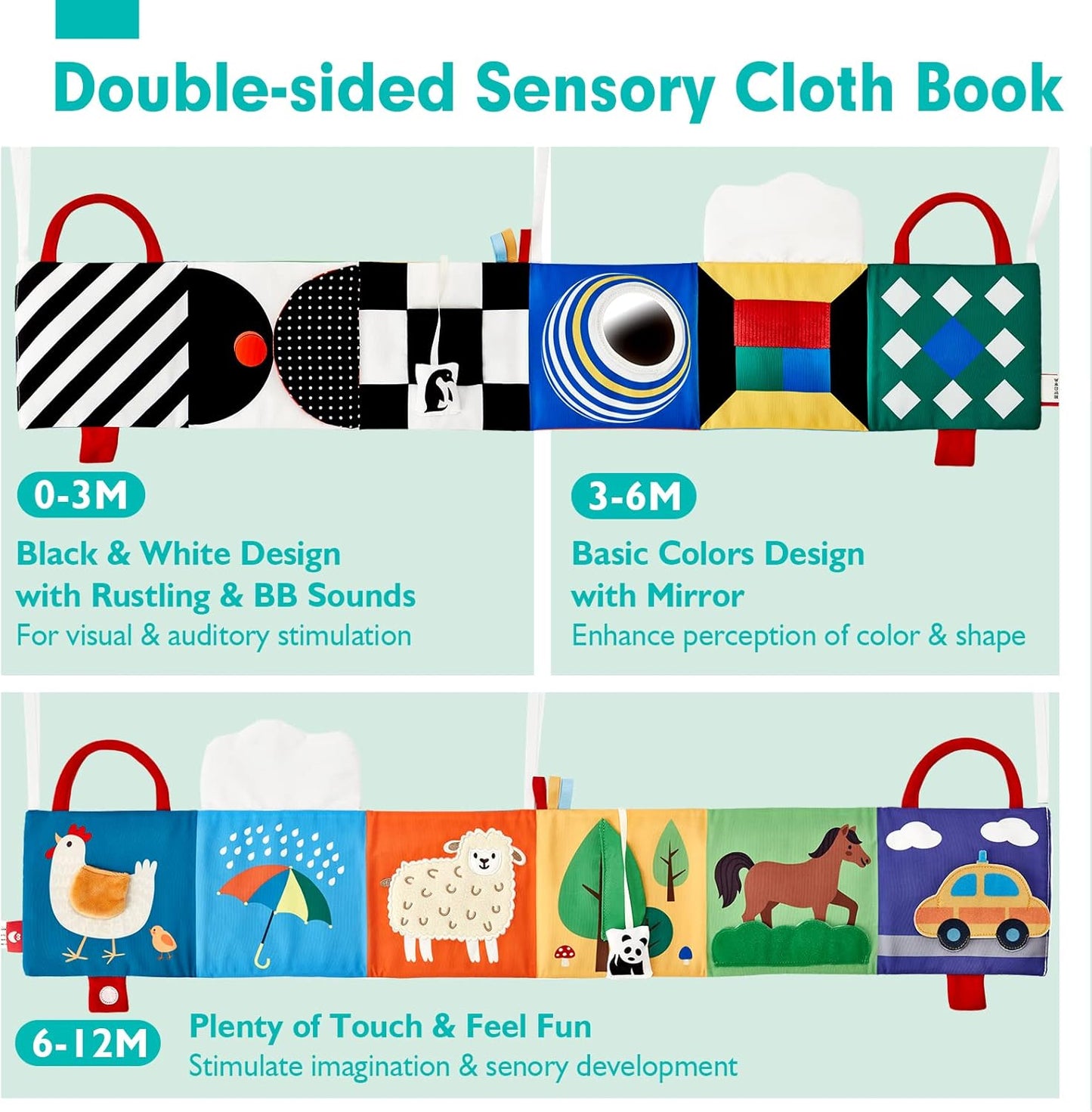 hahaland Baby Toys 0-6 Months - High Contrast Newborn Toys - Baby Tummy Time Books 0-6 Months with Crinkle, Squeaky Sounds, Touch Feel, Visual Stimulation