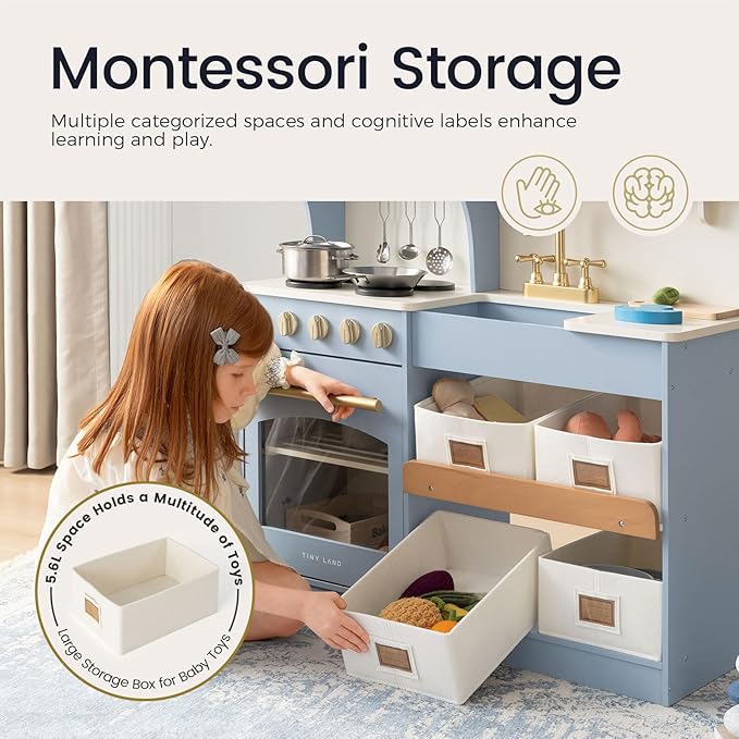 Tiny Land Play Kitchen for Kids with Enhanced Storage – Modern Toddler Kitchen Playset with Stove, Sink & Accessories, Organized Wooden Toy Kitchen, Ideal for Toddlers