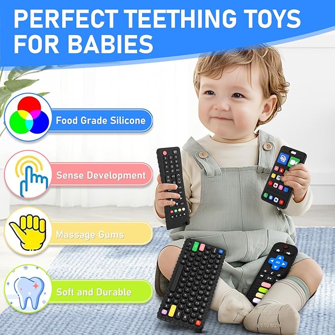 Teething Toy for Baby 3 6 12 18 Months, Realistic Remote Control and Mobile Phone Baby Teether Toy, Baby's Chew Toys, Food Grade Silicone Teething Toys for Infants, BPA Free, for Babies Gum Relief