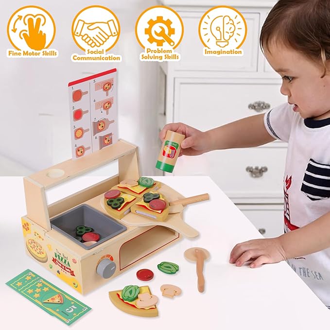 50PCS Wooden Pizza Toy, Pizza Counter Playset with Bake Oven, Kitchen Play Food and Accessories for Kids, Montessori Pretend Play Toys for Boys Girls Age 3+