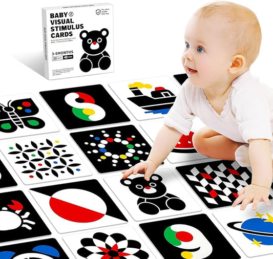 High Contrast Baby Flashcards, Black White Baby Cards with Red Yellow Blue Newborn Toys for Infants Visual Stimulation Brain Sensory Development 20 Pcs 40 Pages 5.7'' x 5.7''(3-6 Months)