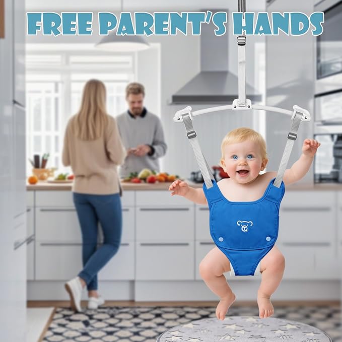 Baby Jumper, Baby Jumper Doorway with Adjustable Strap, Easy to Assemble, with a Soft Rug (Blue)