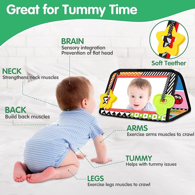 Tummy Time Baby Mirror Toys - Infant Toy Newborn 0 3 Months Brain Development with Soft Activity Book Teether - Black and White High Contrast Baby Toys 2 4 5 0-6 Babies Boy Girl Sensory Shower Gifts