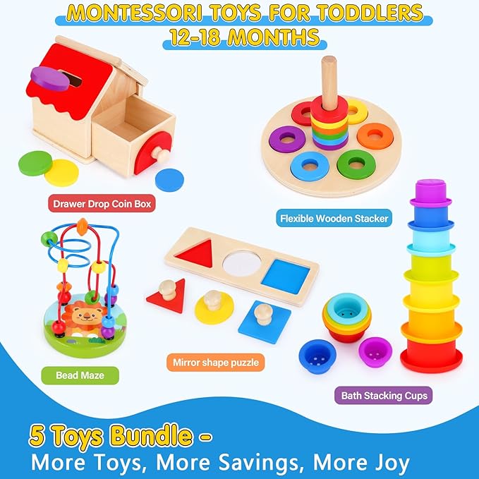 KMTJT Montessori Educational Toys for 1+ Year Old Toddler, 1st First Birthday Gifts for 1-2 Years, (Includes Stacking Cups, 2 in 1 Object Permanence Box, Bead Maze, Mirror Puzzle and More)…