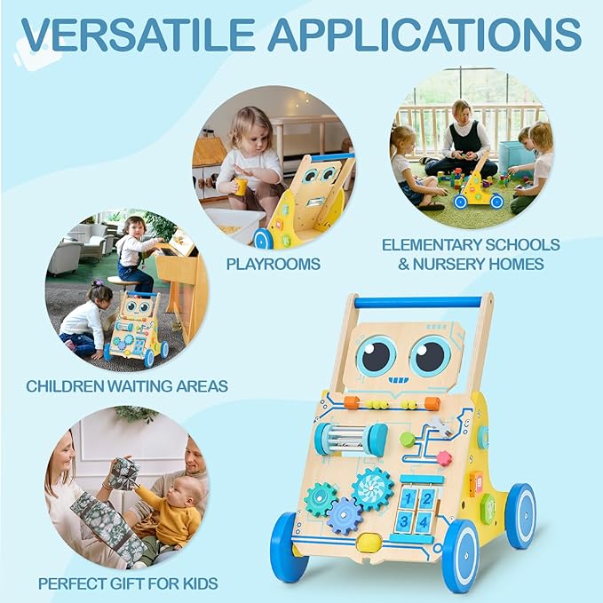 Monläurd® Robot Wooden Baby Walker, Adjustable Push ＆ Pull Toy, Montessori Activity Center, Learning Activity Walker - Ideal for Early Development & Motor Skills for Toddlers