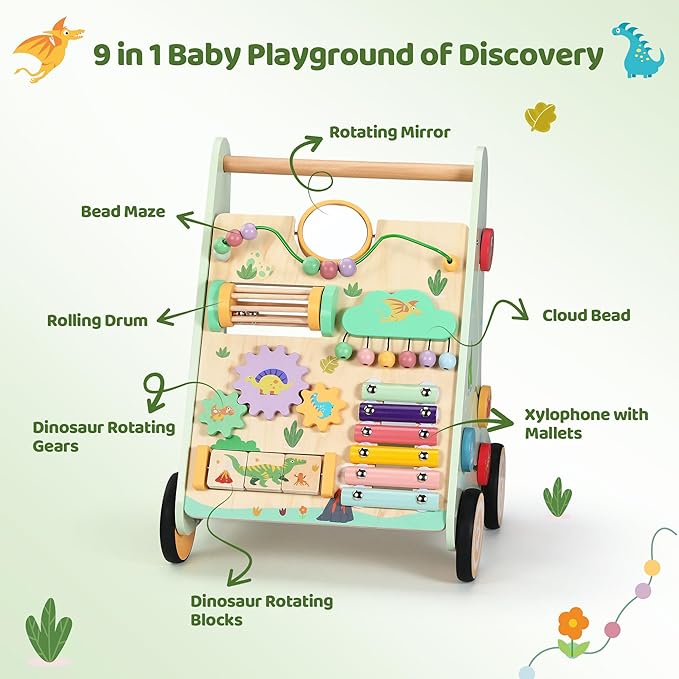Wooden Baby Walker with Adjustable Speed, Montessori Push Walker Toy with Activity Center & Wheels, Sturdy Learning Toy for Boys and Girls