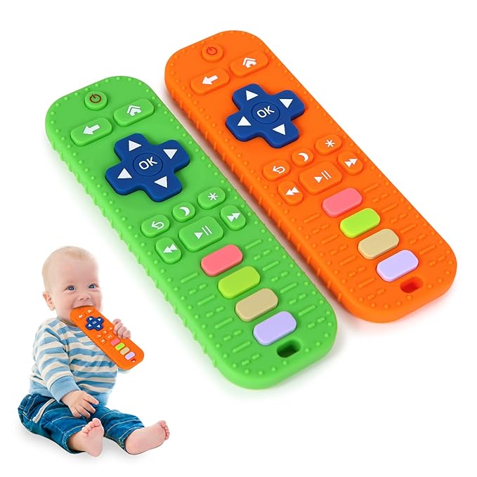 Hooku 2 Pack Remote Teether for Babies, Silicone Teether for 6-12 Months, Baby Teething Toys, Sensory Toys