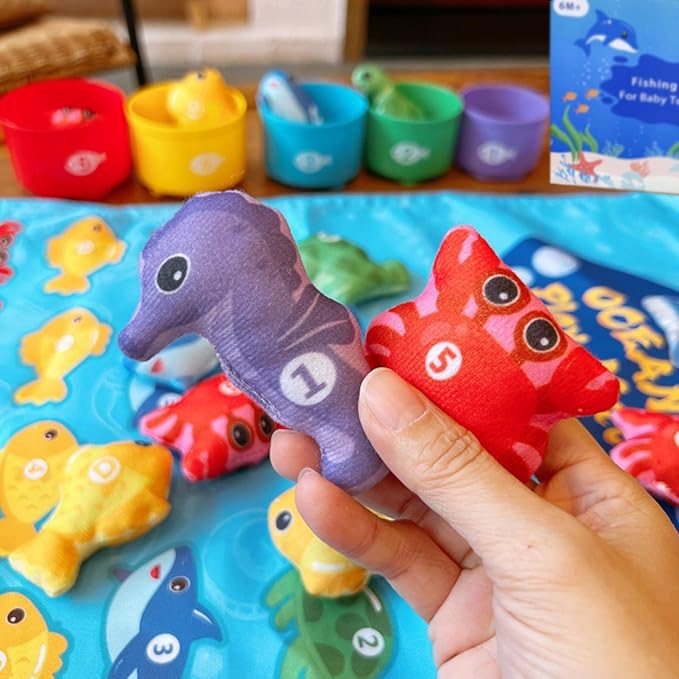 Montessori Toddler Toys for 1-3 Years Old Boys and Girls，22PCS Cloth Fishing Game with Stacking Cups, Color Sorting & Number Learning, Educational Birthday Gift for 6-18 Month Babies