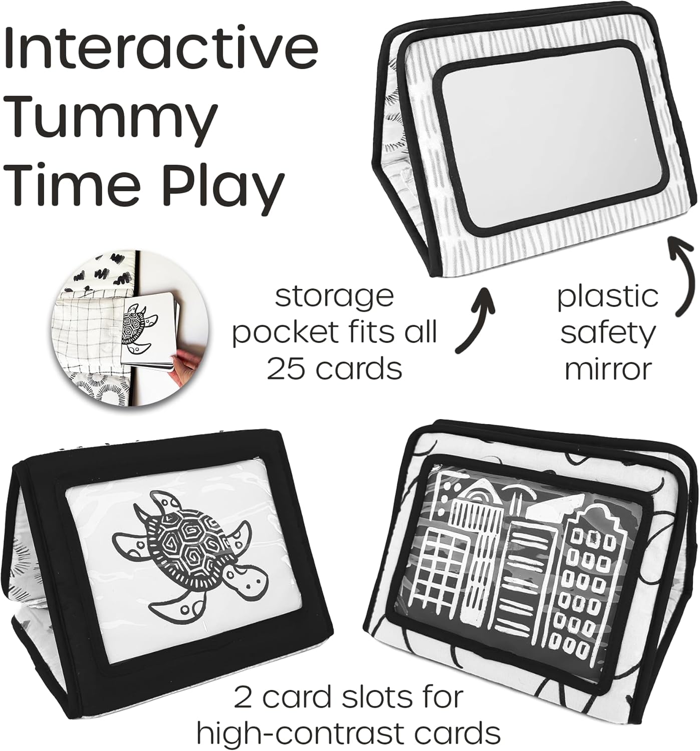 Quiggly High Contrast Baby Toy Set - Black and White Newborn Sensory Toys - Tummy Time Mirror, 25 Visual Stimulation Cards & Board Book - Infant Play Kit for Newborns 0-3 Months (Standard)