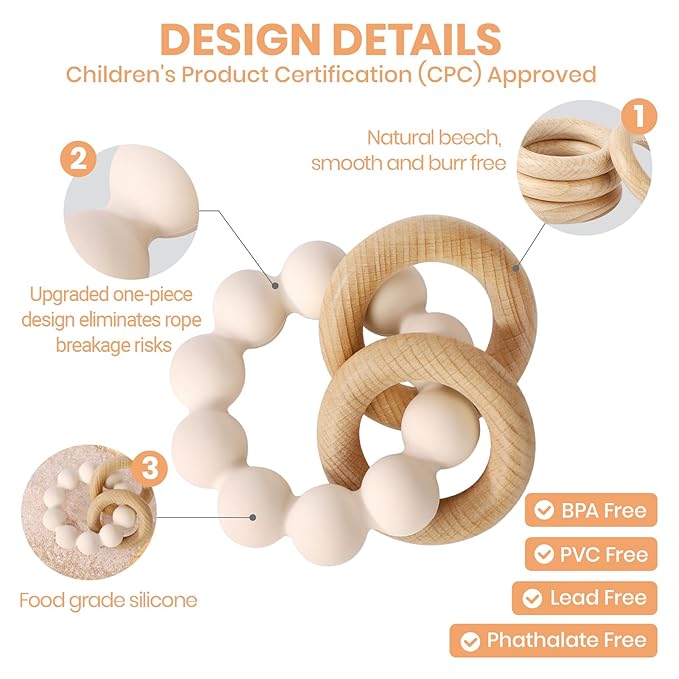 Socub Baby Teething Toys for 0-6 6-12 Months- BPA-Free Food-Grade Silicone & Natural Beech Wood Teether Ring for Newborn Infants Teething Relief- Easy-Grip Sensory Rattle Toys(Shifting Sand)