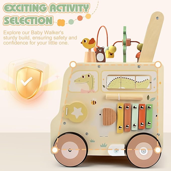 Wooden Activity Cube Push Walker, Wooden Baby Walker, Montessori Toys for Babies 10-12 Months 1 2 3 Years Old Boys & Girls, Help Learning to Walk & Sit-to-Stand