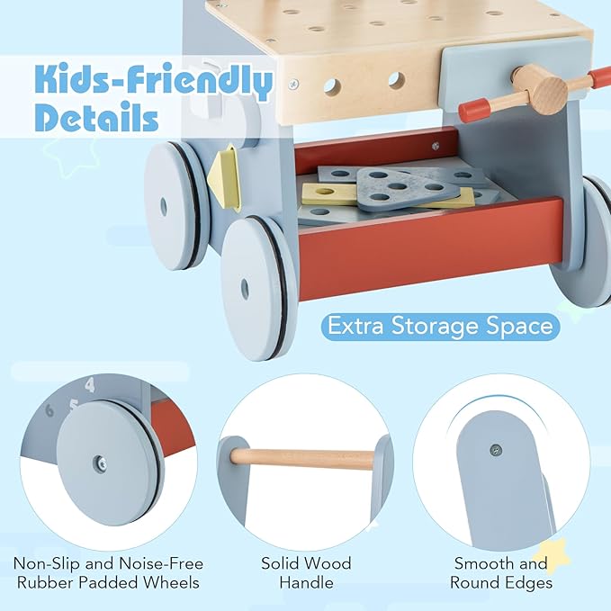 HONEY JOY Baby Push Walker, Wooden Toy Tool Bench & Activity Walker w/Shape Sorter, Develop Motor Skills & Creativity, Push Toys for Babies Learning to Walk, Gift for Boys and Girls, Blue