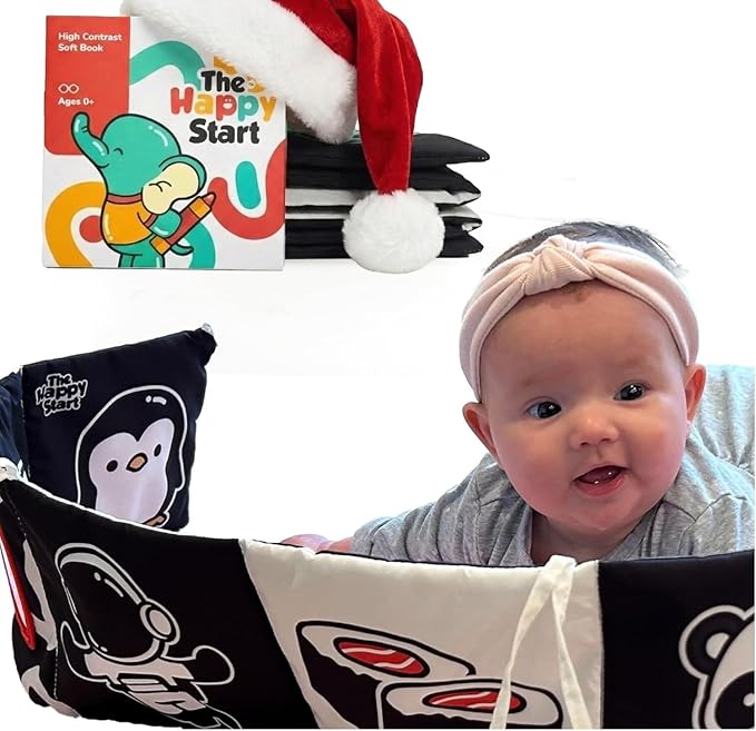 Happy Start High Contrast Baby Soft Book - Sensory Cloth Book for Newborns and Infants 0-12 Months with Mirror, Crinkle & Squeaker | Baby Tummy Time Toy, Crib, Stroller & Travel Developmental Toy