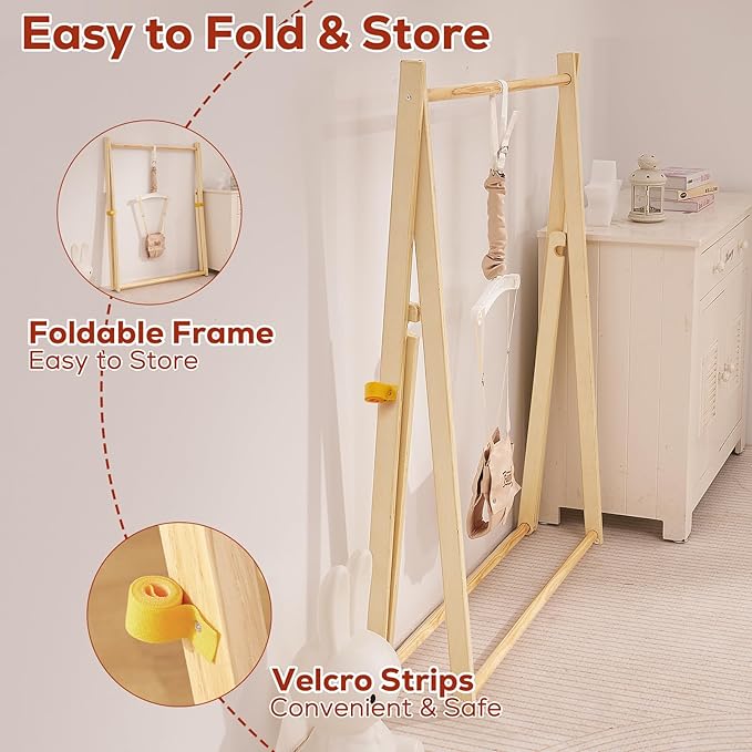 FUNLIO Montessori Wooden Baby Jumper with Stand for 6-36 Months, Adjustable Baby Bouncer for Indoor/Outdoor Play, Foldable Toddler Jumper for Baby Girl/Boy, Easy to Assemble & Store