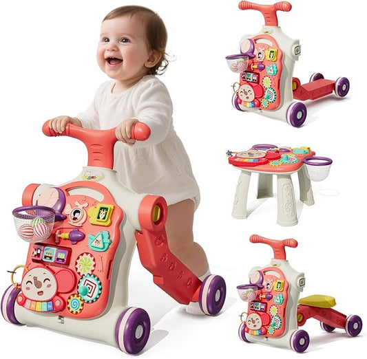 Upgraded 5 in 1 Baby Walker and Activity Center for Baby Girl, Learning to Walk, Sit to Stand, Early Learning Push Toys for Infant 12 Months, Walking Toys Gift for Toddler Girls, Red