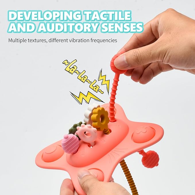 Silicone Montessori Sensory Toys for 18 Months Baby, Drawstring Activity Toy, Early Learning Fine Motor Skills Toys, Car Seat Airplane Travel Teething Toys (Pink)