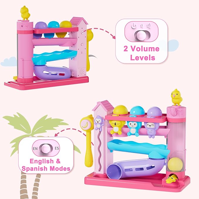 Toddler Musical Toys for 1+ Years Old Girls,Fine Motor Skills Developmental Baby Toy 12-18-24+ Months,Bilingual Toddler Learning Ball Drop Toy,Infant Birthday Gifts Toys for 1 2 Year Old Girl(Pink)
