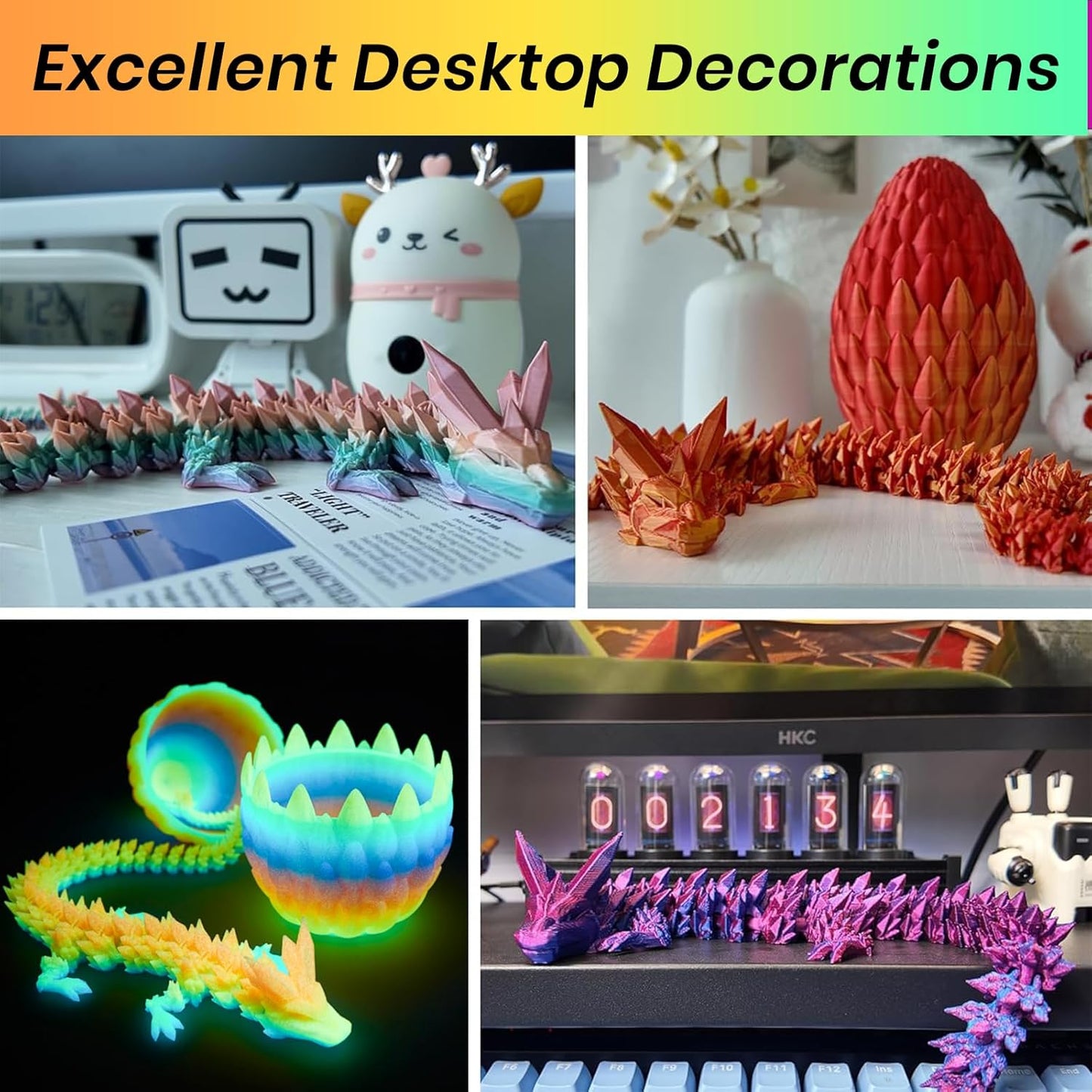 3D Printed Dragon Egg, 15 inchs Rainbow Luminous Dragon Toy,Articulated Crystal Dragon,Glow in Dark Fidget.Cool