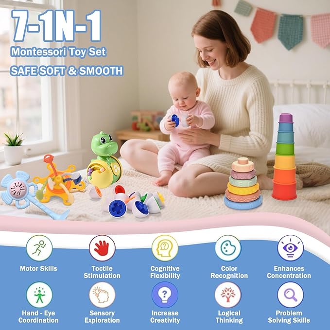 Montessori Toys for 1 Year old,Baby Toys 6-9-12 Months,7 in 1 Sensory Teething Toy for Toddlers Aged 1-3,Stacking Cups Building Blocks,Teething Pull String,Eggs Toys for 6-9-12-18 Months Baby Gifts