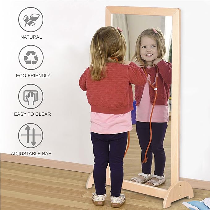 3-Position Montessori Wood Frame Non-Shatter Safety Pull Up Bar Baby Big Mirror Set, Infant Coordination Mirror, Kids Classroom Furniture for Daycare, Homeschool or Preschool