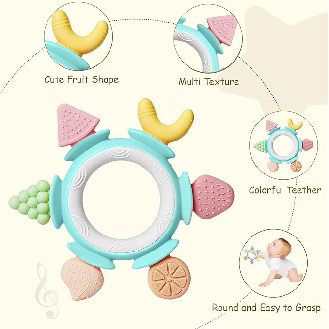 Hooku Silicone Teethers for Babies 6-12 Months, Teething Toys for Babies 0-6 Months, Baby Fruit Teethering Rings, BPA Free Baby Chew Toys, Infants Gifts