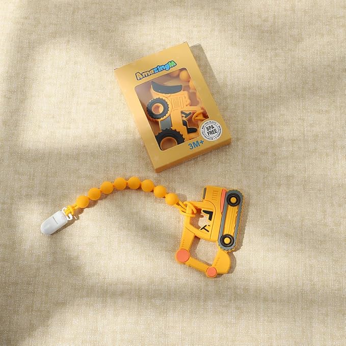 Baby Food Grade Silicone Carrier Vehicle Teether Toy with Pacifier Clip Holder,Teething Toys Gift Set for 3 Months+ Boys and Girls,Freezer Safe,BPA Free. (Bulldozer)