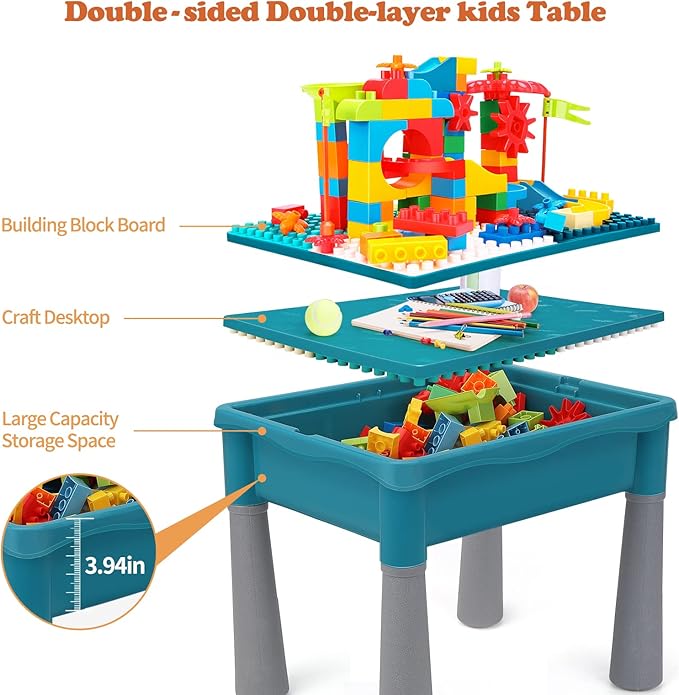 BEAURE 5-in-1 Multi Activity Sand Water Play Table, Double-Sided Kids Activity Table with Storage, 105pcs Marble Run Building Blocks Sensory Table for Kids Toddler Boys Girls