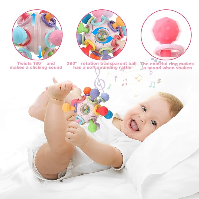 Baby Sensory Teething Toys - Baby Teether & Rattle - Gifts for Infant Newborn Boys Girls 0 3 6 9 12 18 Months - Toddler Montessori Educational Learning Toys (Pink)