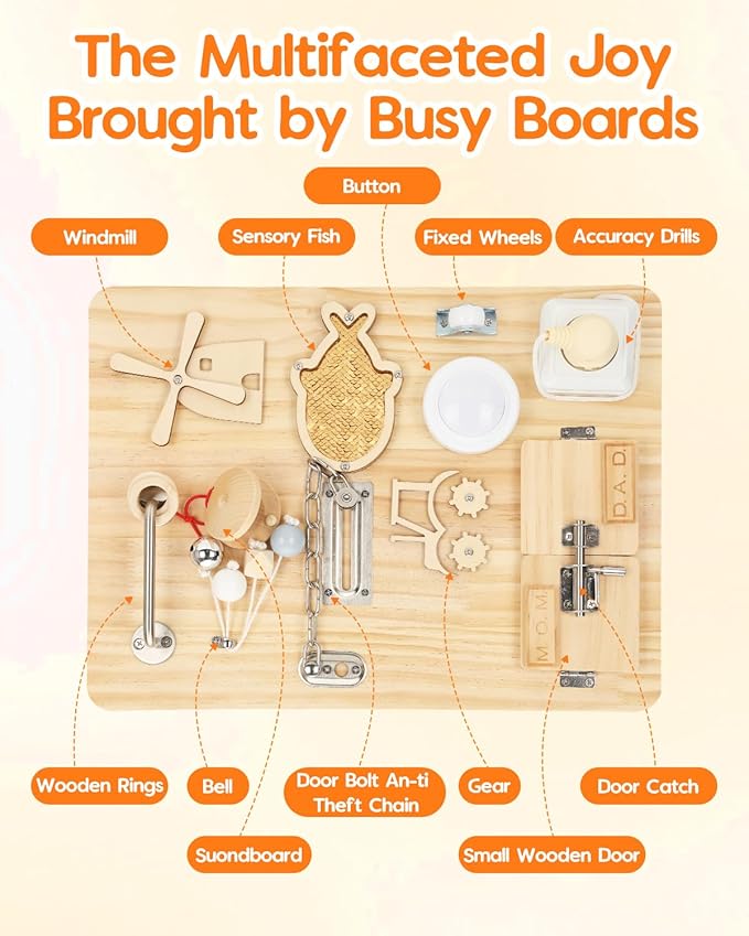 Montessori Busy Board for 1 2 3 4 Year Old, Wooden Sensory Toys, Montessori Sensory Toys for Fine Motor Skills, Sorting & Stacking Toys, Fidget Activity Board for ADHD & Autistic, Ideal Gift Choice