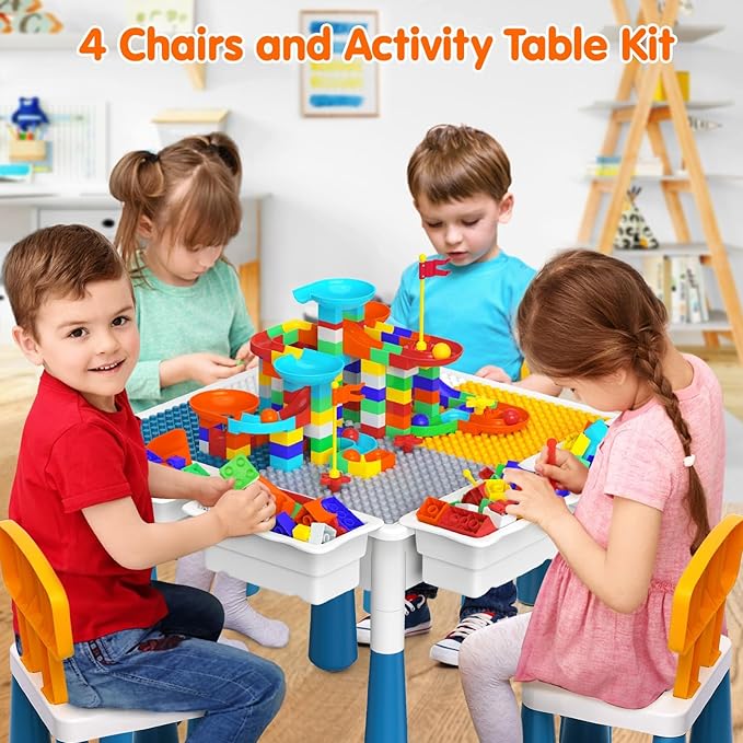 arscniek Toddlers Activity Table 7 in 1 Kids Activity Tables and 4 Chairs with 152Pcs Large Marble Run Building Blocks, Sand/Water Tables, Kids Learning Play Table Toys for Girls Boys Toddler Age 3-7