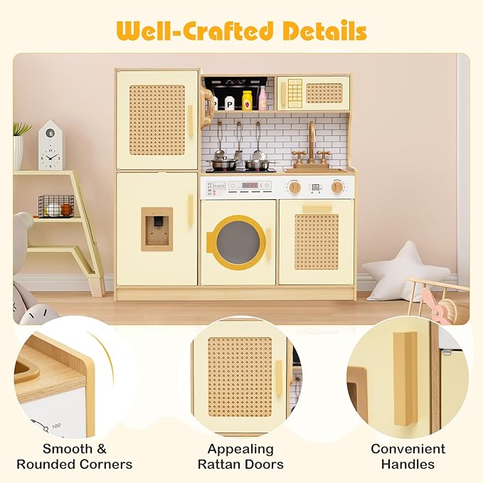HONEY JOY Play Kitchen, Rattan Design Wooden Toy Kitchen Set for Toddlers, Stove with Lights & Water Dispenser, Range Hood, Cookware, Pretend Play Kids Kitchen Playset, Gift for Boys Girls (Yellow)
