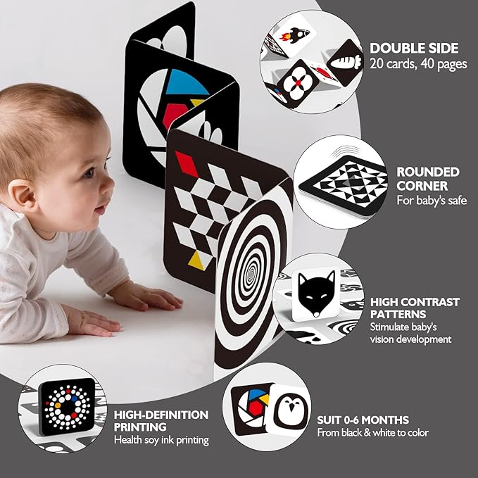 Newborn Toys High Contrast Baby Flashcards Tummy Time Baby Cards 0-6 Months Black and White Infant Toys 0-3-6 Months Montessori Sensory Cards 20 PCS 6''×6'' Visual Stimulation