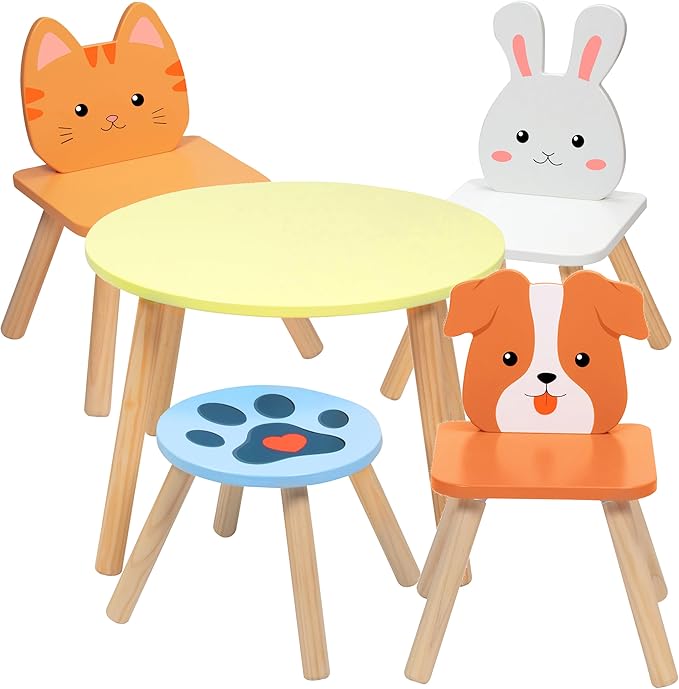 Kids Wooden Animal Table & Chair Set w 4 Seats- Puppy Kitten Bunny Plus Adult Stool for Arts Crafts Activity, Dining, Pretend Play- Playroom Furniture for Home, Daycare Classroom- Toddler Xmas Gift