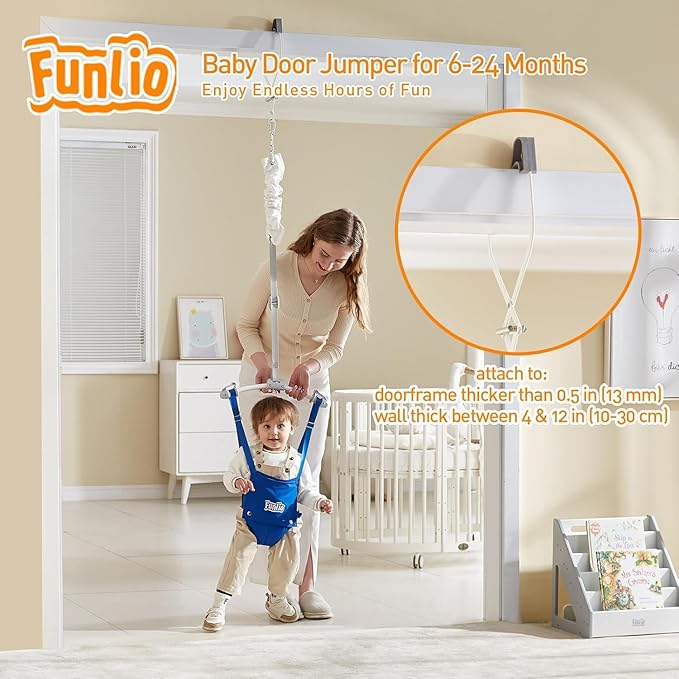 FUNLIO 2 in 1 Baby Door Jumper with Door Clamp, Baby Walking Harness for 6-24 Months, Infant Jumper Doorway with Strong Spring & Adjustable Strap, Easy to Assemble & Store - Blue