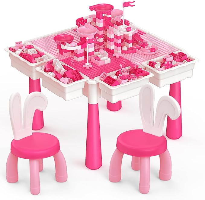 arscniek Toddlers Activity Table 7 in 1 Kids Activity Tables and Chairs Set with 152Pcs Large Marble Run Building Blocks, Sand/Water Tables, Kids Learning Play Table Toys for Girls Boys Toddler Pink