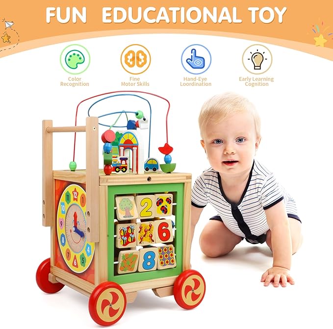 Wooden Activity Cube 6 in 1 Montessori Educational Learning Sensory Toys for 1 Year Old 12-18 Months Boys Girls First Birthday Gifts for Baby Toddler Toys Age 1-2 Bead Maze Shape Sorter Abacus