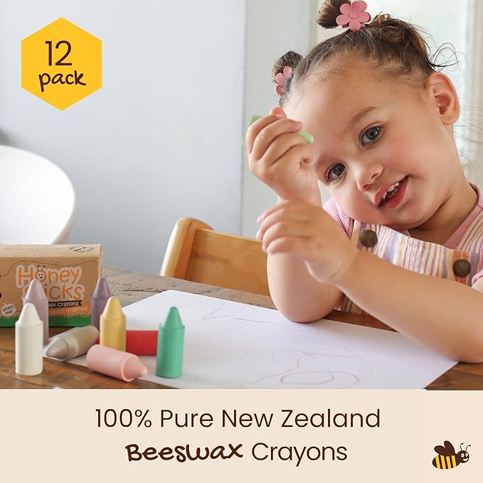 Honeysticks 100% Pure Beeswax Crayons (12 Pack) - Pastel Colored - Non Toxic Crayons for Toddlers 1-3, Safe for Baby from 1 Year Old Plus, Handmade with Natural Beeswax and Food-Grade Colors, Eco