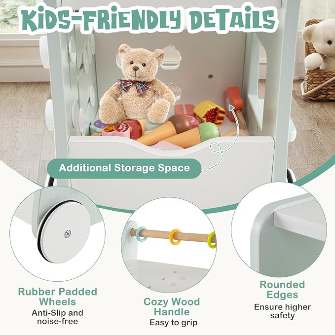 BABY JOY 2-in-1 Wooden Baby Walker, Montessori Activity Center w/Storage, Wheels, Kids Dessert Shop Walking Toy w/Ice Cream, Slider, Maze, Plate, Push Walker for Boys and Girls 1+ Years Old (Green)