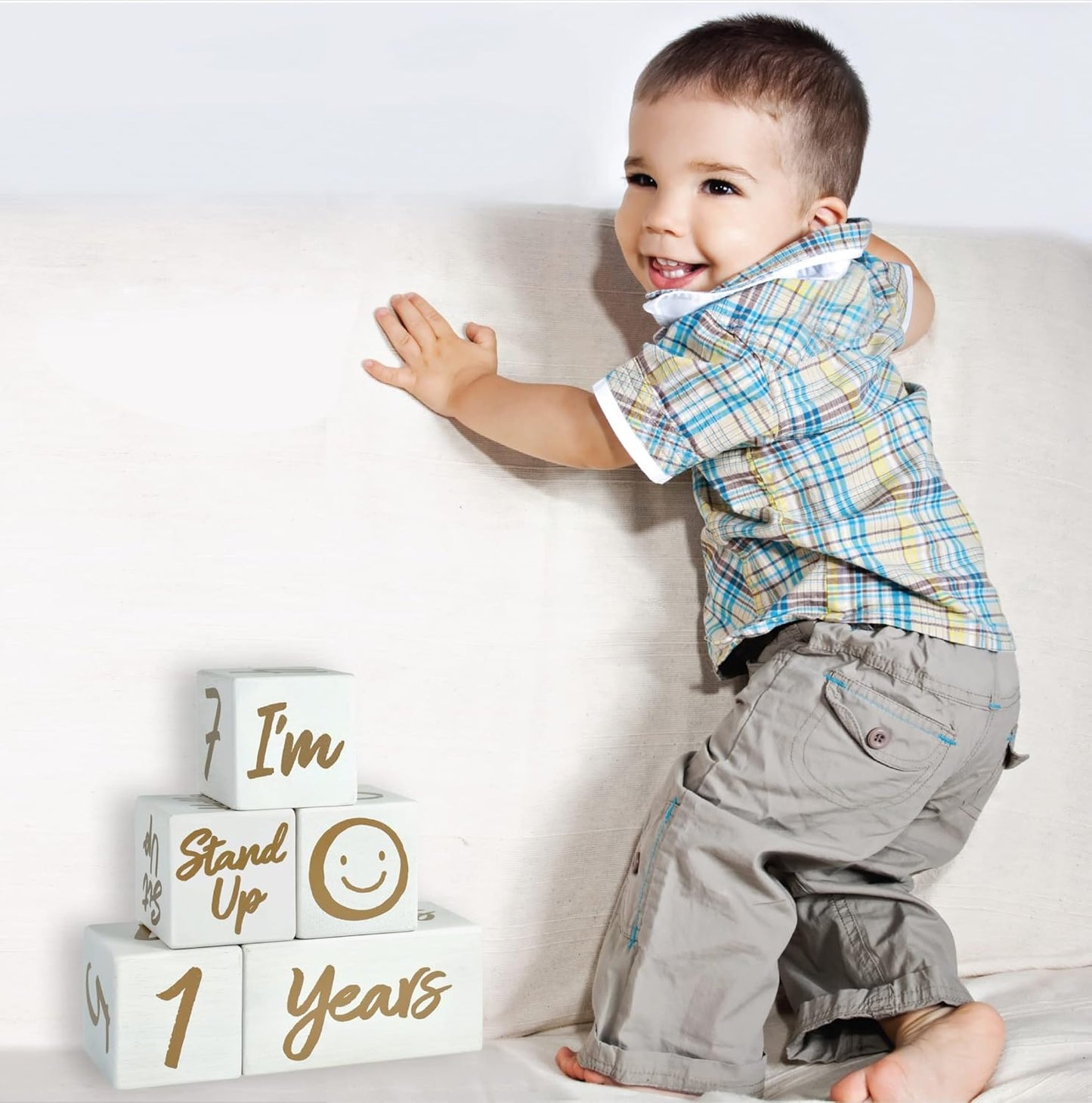 I'm Solid Wood Weekly Monthly Yearly Baby Milestone Age Blocks, Gender Neutral, Newborn Gifts & Keepsakes for Picture Props (5 Pcs/White)