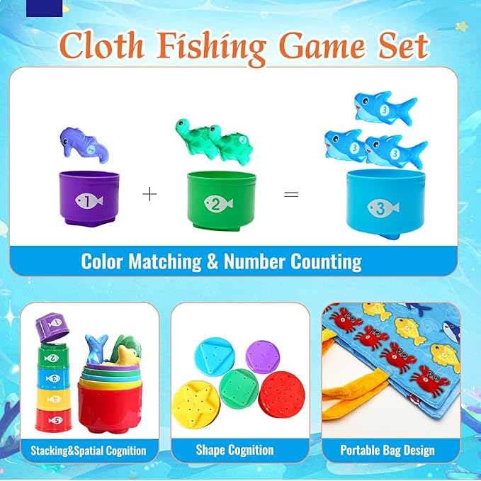 Montessori Toys for 1 Year Old, 22PCS Cloth Fishing Game with Stacking Cups Sensory Baby Toys 6-12 Months,Toddler Education Learning Toys for 1 2 Year Old Boy Girl Gifts (Sea Animals)