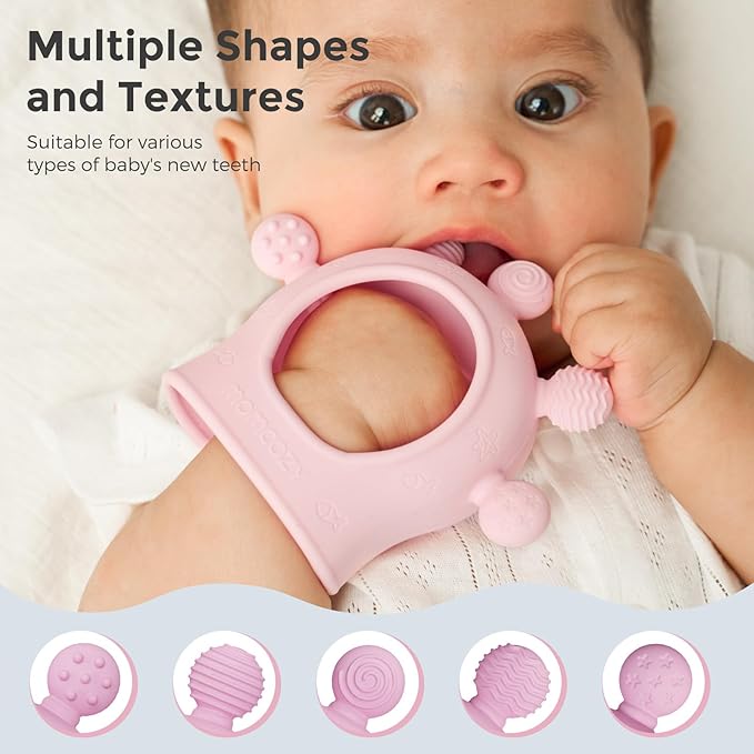 Momcozy Baby Teether Toys | Silicone Teether for 0-12 Months | Baby Teething Relief | Pink