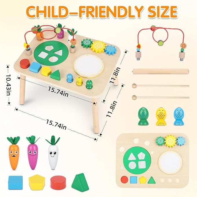 Activity Table for 1+ Year Old, 7 in 1 Wooden Montessori Activity Center Play Table with Drum, Bead Maze Shape Sorter Fishing Game, Kids Sensory Educational Toddler Learning Toys 1st Birthday Gifts