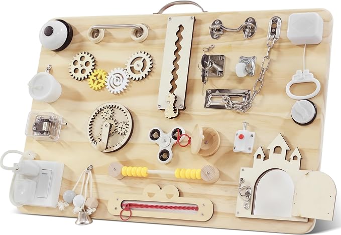 Wooden Montessori Busy Board for Toddlers, Montessori Sensory Activity Board Toys for Baby Kids, for Fine Motor Skills, Autism & ADHD