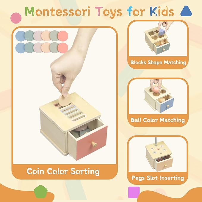 Montessori Toys for 2 3 4 5 Year Old - Wooden Object Permanence Box with Drawer Sensory Toys Shape Sorter Color Sorting Education for Baby Toddler Boy Girl Drop Busy Box (D-Coins)