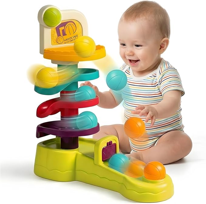 Montessori Ball Drop Toy for Toddlers 1-3, 2-in-1 Basketball Shooting Launcher with Spiral Ball Ramp Tower, Cause & Effect Preschool Learning, Birthday for Boys Girls