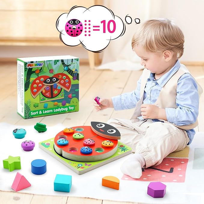 MOONTOY Wooden Ladybug Montessori Toys for 1 2 3 4 Year Old Boy Girl Learning Toys for Toddlers 1-3 Magnetic Fishing Game Number Block Counting Color Shape Sorter Puzzle Easter Basket Stuffers Gift