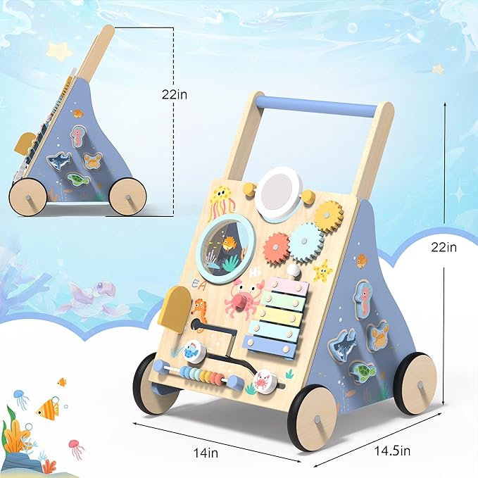 Ocean-Themed Wooden Baby Walker with Activity Center, Montessori Push Walker Toy for Babies 18 Months, Safe First Steps Baby Walking Aid for Boys & Girls
