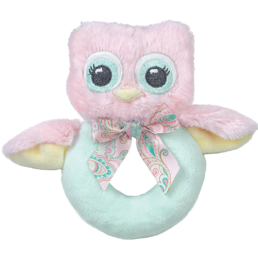 Bearington Baby Lil' Hoots Plush Stuffed Animal Pink Owl Soft Ring Rattle - 5.8" Baby Rattle Newborn Toy