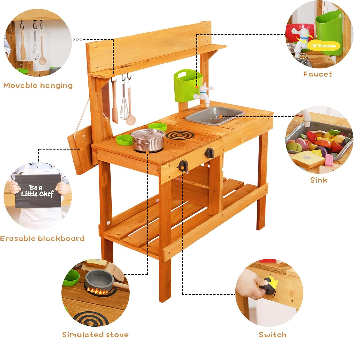 Aoparts Mud Kitchen, Play Kitchen, Kitchen Accessories and Garden Sink, Kids Outdoor Kitchen Playset with Faucet, Mud Kitchen for Kids Outdoor