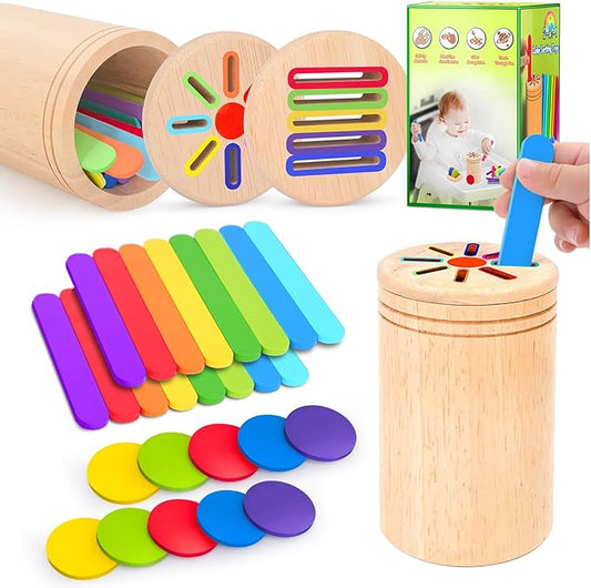 Montessori Toys for Toddlers,Wooden Learning Color Shape Sorting Toy for Baby,2-in-1 Wood Stick Coin Educational Fine Motor Developmental Sensory Matching Games, Girl for Boy Child Gifts